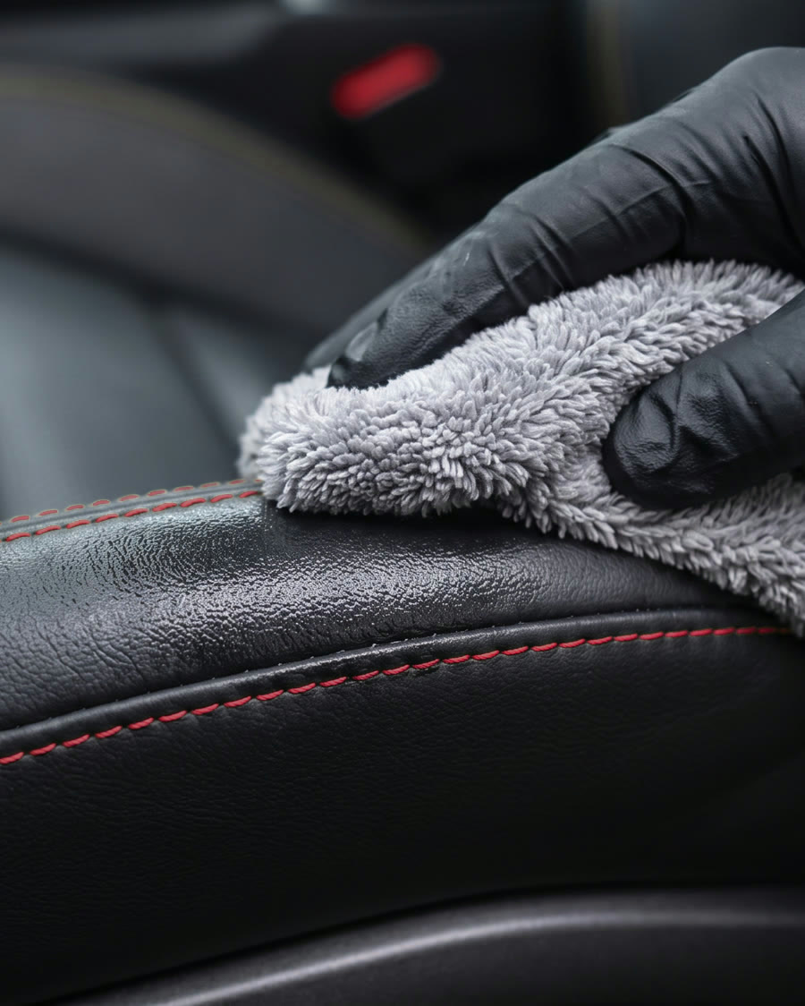 Leather seat being wiped with microfiber